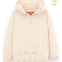Honeyhap Premium 100% Cotton Terry Full Sleeves Biowashed Drop Shoulder Hooded Sweatshirt with Kangaroo Pocket & Text Embroidery - Ecru-image-97