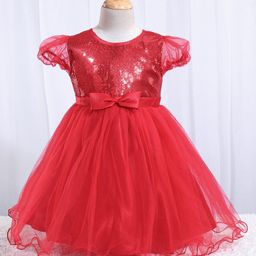 Babyhug Balloon Sleeves Sequin Yoke Party Frock - Red-image-36