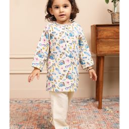 Polka Tots Full Sleeves Print Kurta Car Print With Pyjama Set - Cream-image-61