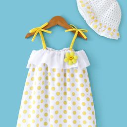 Kookie Kids Sleeveless Frock With Polka Dot Print & Floral Applique Hat - Yellow-picture-18