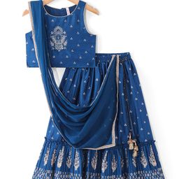 Babyhug Woven Sleeveless Floral Embroidered Choli & Dupatta with Foil Print Lehenga Set- Teal Blue-image-23