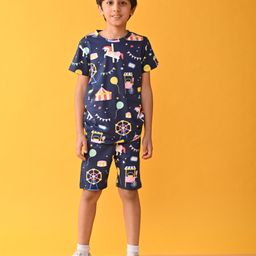Anthrilo Cotton Knit Half Sleeves Unicron Printed Coordinating Tee & Shorts Set - Blue-image-26