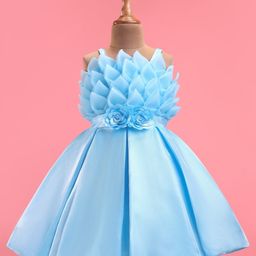 Bluebell Satin Knit Sleeveless Party Frock With Floral Corsage - Light Blue-image-100