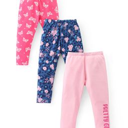 Babyhug Cotton Lycra Knit Full Length Stretchable Leggings with Floral & Butterfly Print Pack of 3 - Multicolour-image-88