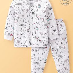Babyoye Cotton Modal Blend Full Sleeves Thermal Front Open Vest & Pant with House & Tree Print- White-image-43