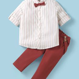 ToffyHouse Cotton Woven Full Sleeves Striped Party Shirt & Trouser Set With Bow & Suspender - White-image-98