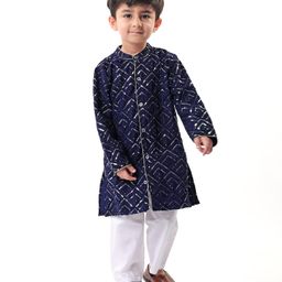 Babyhug Full SleevesSequenced Embroidered Sherwani Kurta & Pyjama Set- Navy Blue-picture-27
