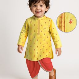 Babyhug Woven Full Sleeves Kurta & Dhoti Set with Sequin Embroidery - Yellow-image-67