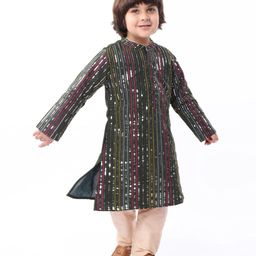 Babyhug Woven Full Sleeves Kurta Pyjama Set with Sequin Embroidery - Green-image-69
