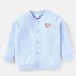 Babyhug Cotton Knit Full Sleeves Front Open Sweater with Bear Embroidery - Light Blue-image-7