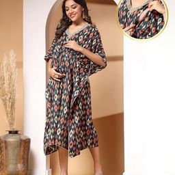 Zelena 100% Rayon Half Bat Wing Sleeves Abstract Printed Kaftan With Concealed Zipper For Nursing Access - Teal Blue-image-14
