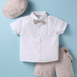 ToffyHouse Cotton Knit Half Sleeves Shirt & Shorts with Bow Suspender & Hat - Tan & White-picture-28