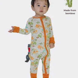 THE PLUSH CLUB Bamboo Cotton Full Sleeves Dinosaurs Printed Zipper Romper - Orange-picture-16