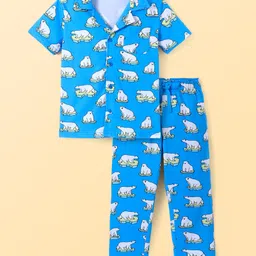 Pine Kids Single Jersey Knit Half Sleeves Night Suit Polar Bear Print - Blue-picture-35