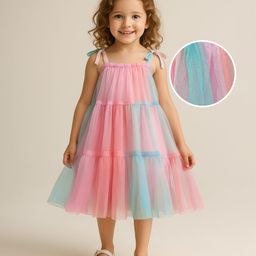 Babyhug Woven Sleeveless Mesh Tiered Party Dress - Multicolor-image-32
