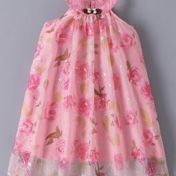 Mark & Mia Sleeveless Party Frock with Floral & Foil Print- Pink-picture-4