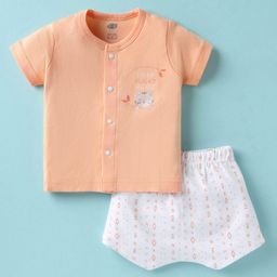 Zero Sinker Knit Half Sleeves Shorts Night Suit With Cat Print - Orange & White-image-98