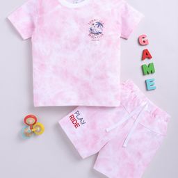 Little Ninja Cotton Half Sleeves Tie Dye & Sunny Sea Text Printed Coordinating Tee Shorts Set - Pink-image-45