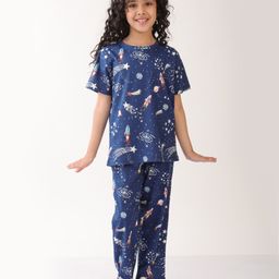 Anthrilo Cotton Knit Half Sleeves Space Theme Printed Coordinating Night Suit Set - Navy Blue-image-46