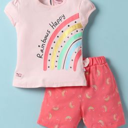 Mini Donuts Single Jersey Knit Half Sleeves Top & Shorts Set with Rainbow Print & Bow Applique - Pink-image-14