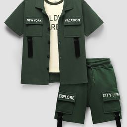 Ollington St. Knit Co-Ord Set of Half Sleeves Shirt & Shorts with knit T-shirt - Olive Green-image-4
