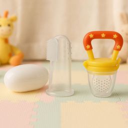 Badal Kidz Fruit Feeder Nibbler With Baby Silicone Finger Brush/Oral Brush/Baby Tounge Cleaner - Yellow & White (Pack Of 2)-23