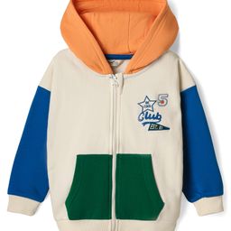 Bonfino 100% Cotton Fleece Full Drop Shoulder Sleeves Hooded Sweatjacket with Colour Block Design - White-image-4