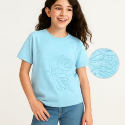 Arias Girls Cotton Terry Knit Half Raglan Sleeve Quilted Design T-Shirt - Aqua Blue-image-3