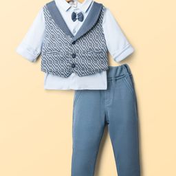 Mini Taurus 100% Cotton Full Sleeves 3 Piece Party Wear With Stripes & Bow Applique - Blue-picture-37