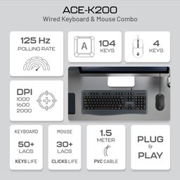 Archer Tech Lab ACE-K200 Wired Keyboard and Mouse Combo 104 Keys, 1200 DPI Mouse, 125Hz Polling Rate,3-Button Design, 3 Million Lifespan, Windows Compatibility, Multimedia Keys & Membrane Switches image 2