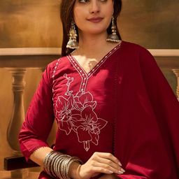 Sangria Embroidered V-Neck Straight Kurta With Trousers-picture-27
