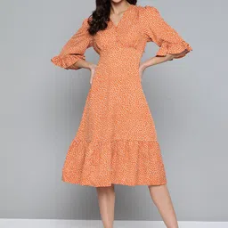 Mast & Harbour Women Rust Orange & White Abstract Printed A-Line Midi Dress-image-22