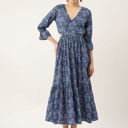 Jaipur Morni Blue Floral Print Bell Sleeve Pure Cotton Fit & Flare Maxi Dress-image-17