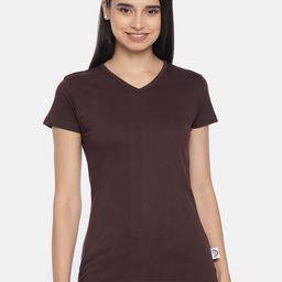 zebu Women Brown Solid V-Neck Pure Cotton T-shirt-image-3
