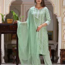SINGNI Ethnic Motifs Printed Regular Thread Work Kurta with Trousers & Dupatta image 5