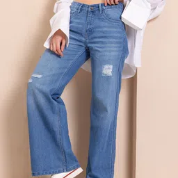 Mast & Harbour Women Mid-Rise Low Distress Light Fade Wide Leg Jeans-picture-29
