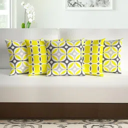 Divine Casa Yellow & Grey Set of 5 Geometric Square Cushion Covers-9