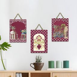 ArtVibes Maroon & Beige 3 Pieces Mughal Garden Whispers Printed Wooden Hanging Wall Arts-image-93