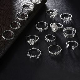 Jewels Galaxy Set Of 15 Silver-Plated Stone Studded Stackable Finger Rings-34