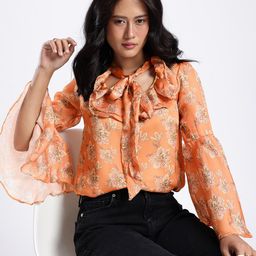 Stylecast X Hersheinbox Floral Printed Tie-Up Neck Bell Sleeve Layered Detail Top-image-1