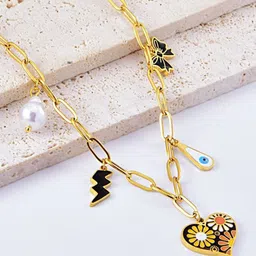 VIEN Stainless Steel Gold-Plated Unique Multiple Charm Beaded Minimal Necklace-37