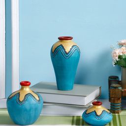 Aapno Rajasthan Set Of 3 Blue & Gold-Coloured Hand Painted Madhubani Terracotta Flower Vases-image-2