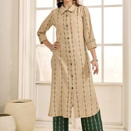 Anouk Beige Floral Printed Shirt Collar Straight Kurta With Palazzo-57