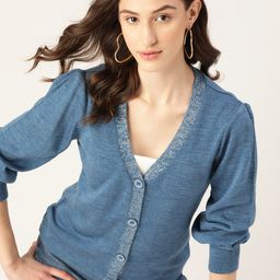 DressBerry Puff Sleeves Solid V-Neck Cardigan-image-0