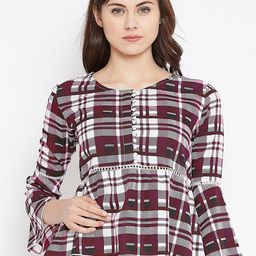 Zastraa Burgundy & White Checked Peplum Top-image-77
