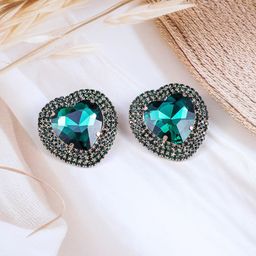 Rubans 18k Gold-Plated Green Crystals Studded Heart Shaped Studs With Black Stone Border-42