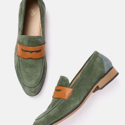 House of Pataudi Men Green & Tan Brown Solid Leather Handcrafted Penny Loafers-image-48