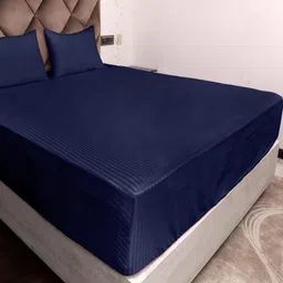 AJISH Blue Striped 300 TC Single Bedsheet with 1 Pillow Covers-image-75