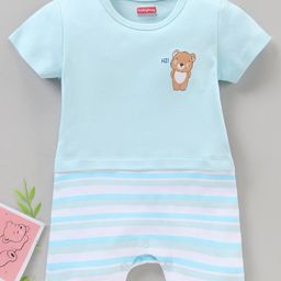 Babyhug 100% Cotton Half Sleeves Romper Bear & Stripes Print- Blue-image-26