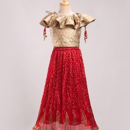 Twisha Short Sleeves Floral Motif Woven Choli With Crush Effect Lehenga - Gold & Red-image-32